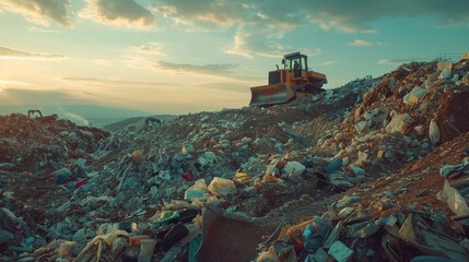 Bulldozer clearing waste at a landfill site during a hazy sunset