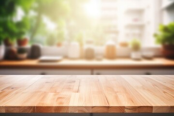Fototapeta na wymiar Wood table top on blurred kitchen wood backgrounds hardwood.