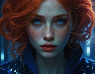 A Video Game Character Portrait Artwork Featuring a Redhead Woman with Enigmatic Blue Eyes, AI Generative