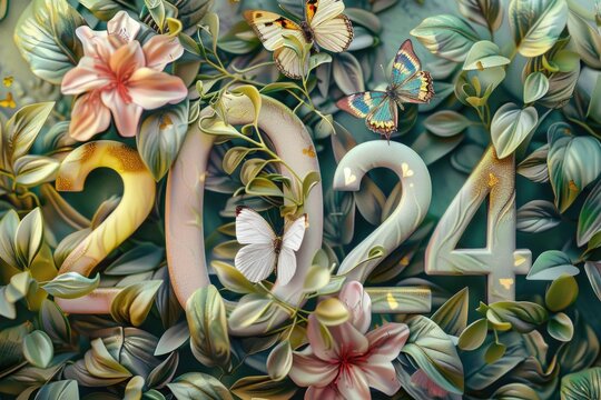 Vibrant 2024 celebration with floral greenery and colorful butterflies, embodying freshness and growth
