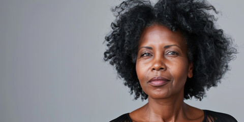 Portrait of middle aged black african american woman on isolated grey background, mature skin makeup and skincare - Powered by Adobe