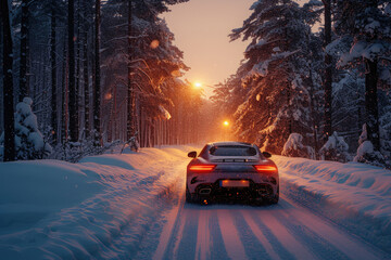 Sports car on a snow-covered road in the forest at sunset.