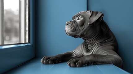 Sad dog looking out the window. 3D illustration. Selective focus. - obrazy, fototapety, plakaty