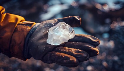 close up of a rusty bolt. hand holding a lithium crystal