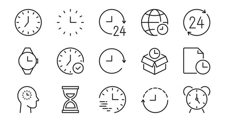 Clock and time line icons. Timing, timer, alarm, watch, hour sign or symbol. Isolated on a white background. Pixel perfect. Editable stroke. 64x64.