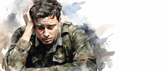 Post-traumatic stress disorder concept. Soldier remembers shelling, shown experiencing a vivid and distressing flashback. Copy space. Watercolor. - obrazy, fototapety, plakaty