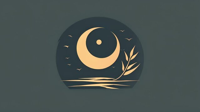 Logo of a solar eclipse over the ocean with a leafy twig blowing in the wind for a wellness, massage, spirituality or healing center