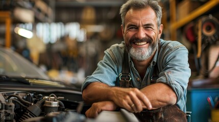 Portrait of a senior auto mechanic in his garage smiling at the camera.