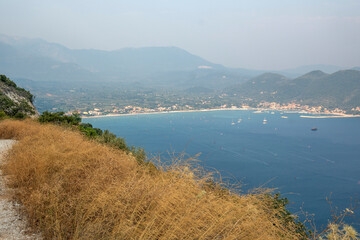 Sunset view of coastline of Lefkada island, Greece
