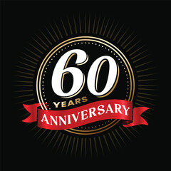 60 years anniversary logo design with red color ribbon and gold shiny circle celebration elements. 60th wedding anniversary poster, template. Company 60 years age success banner on black background.