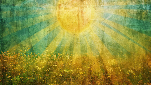 Vintage overlay enhances the textured image of sunflowers in golden sunset light