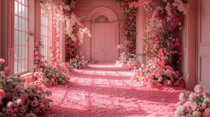 The background of the room for studio photos is pink in color and filled with beautiful flower decorations