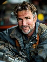 Fototapeta premium man working in auto repair shop and smiling.
