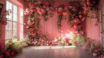Fototapeta na wymiar The background of the room for studio photos is pink in color and filled with beautiful flower decorations