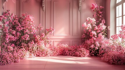 Fototapeta na wymiar The background of the room for studio photos is pink in color and filled with beautiful flower decorations