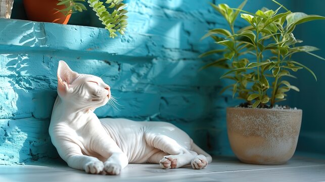 Beautiful Sphynx white cat lying on floor near brick wall, closeup