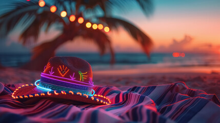 colorful neon-lit sombrero on a striped beach towel at sunset with palm trees - obrazy, fototapety, plakaty