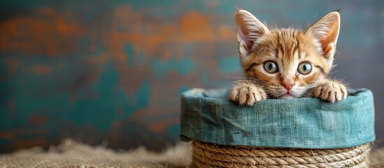 Cute little brown kitten on a wooden background. Copy space for text.