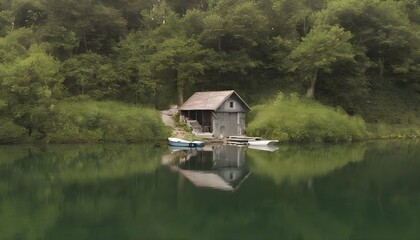 Fototapeta na wymiar A tranquil lakeside with a rustic boathouse upscaled 2