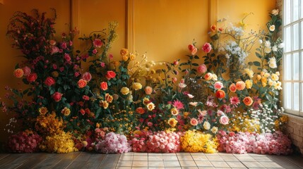 The background of the room for studio photos is yellow in color and filled with beautiful flower decorations