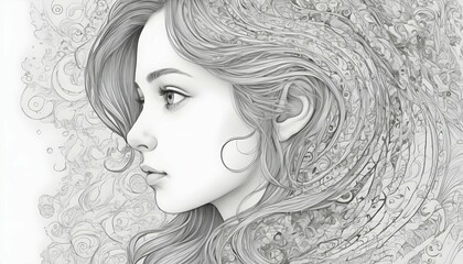 Craft a line art portrait of a girl with a contemp