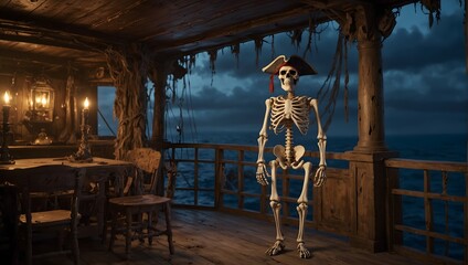 A skeleton dressed as a pirate, complete with a tattered hat and a wooden leg, standing on the deck of a ghost ship ai_generative