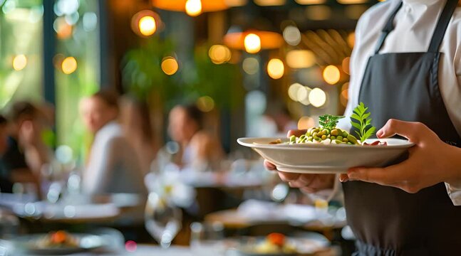 a food delivery person in a restaurant holds food on a plate