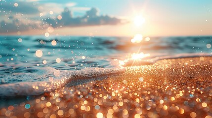 Sea wave and sand beach with bokeh sun light abstract background - obrazy, fototapety, plakaty
