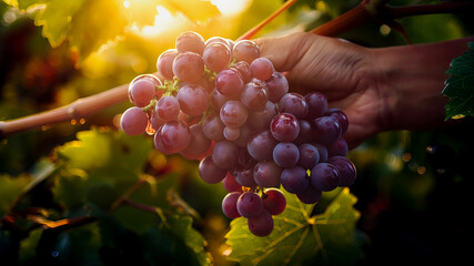 Farmer holding a bunch of grapes in the beautiful morning sunlight, ripe plump grapes on the vine...