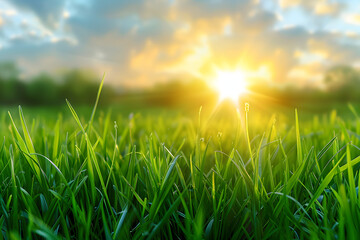 Green grass with sunset views. - obrazy, fototapety, plakaty