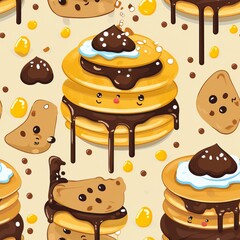 A cascading Waterfall of Caramel cascading over a stack of fluffy Pancakes, with sliced bananas and chocolate chips scattered around, seamless background, - obrazy, fototapety, plakaty