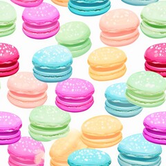 A collection of colorful Macarons stacked like a tower, each macaron adorned with a delicate flower made of icing, seamless background, - obrazy, fototapety, plakaty