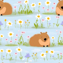 A chonky Capybara napping peacefully in a field of wildflowers, butterflies fluttering around, seamless background, - obrazy, fototapety, plakaty