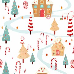 A colorful Candy Cane Forest with gingerbread houses nestled amongst the candy canes, and a gingerbread path leading through, seamless background, - obrazy, fototapety, plakaty