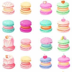 A collection of colorful Macarons stacked like a tower, each macaron adorned with a delicate flower made of icing, seamless background, - obrazy, fototapety, plakaty