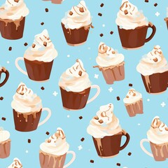 A cup of Hot Chocolate overflowing with marshmallows and topped with whipped cream and chocolate shavings, seamless background, - obrazy, fototapety, plakaty