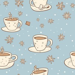 A cup of Hot Chocolate with a single marshmallow floating on top, dusted with cinnamon and nutmeg, on a saucer with a snowflake design, seamless background, - obrazy, fototapety, plakaty