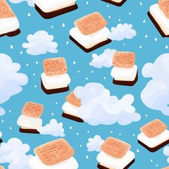 A field of fluffy Marshmallows roasting over a miniature campfire made of chocolate, with graham crackers scattered around, seamless background, - obrazy, fototapety, plakaty