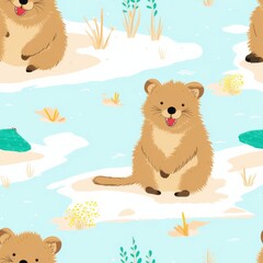 A happy Quokka basking in the warm sunshine on a sandy beach, with turquoise ocean waves gently lapping at the shore, seamless background, - obrazy, fototapety, plakaty