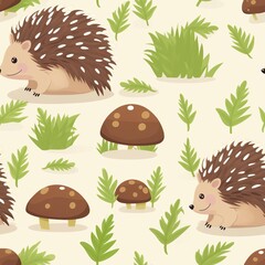 A hedgehog curled up in a ball of leaves, surrounded by tiny mushrooms in a mossy forest, seamless background, - obrazy, fototapety, plakaty
