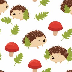 A hedgehog curled up in a ball of leaves, surrounded by tiny mushrooms in a mossy forest, seamless background, - obrazy, fototapety, plakaty