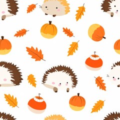 A hedgehog curled up in a ball of colorful autumn leaves, with a tiny pumpkin nearby, seamless background, - obrazy, fototapety, plakaty