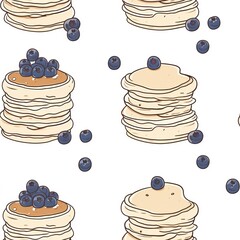 A stack of fluffy Pancakes drizzled with maple syrup and topped with fresh blueberries, with a steaming cup of coffee beside them, seamless background, - obrazy, fototapety, plakaty