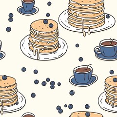 A stack of fluffy Pancakes drizzled with maple syrup and topped with fresh blueberries, with a steaming cup of coffee beside them, seamless background, - obrazy, fototapety, plakaty