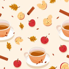 A steaming cup of Spiced Apple Cider with a cinnamon stick and a slice of apple floating on top, with colorful autumn leaves scattered around, seamless background, - obrazy, fototapety, plakaty