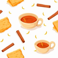 A steaming cup of Hot Spiced Cider with a cinnamon stick and a slice of orange floating on top, nestled amongst cozy blankets and a crackling fireplace, seamless background, - obrazy, fototapety, plakaty