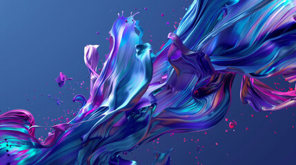 Vibrant liquid splashes in a digital art piece set against a rich blue backdrop