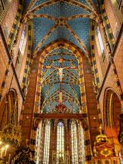 Colourful ceiling of the main nave of St. Mary's Basilica, krakow