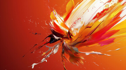 Vivid abstract art showcasing a dynamic explosion of colors on a vibrant red backdrop - obrazy, fototapety, plakaty