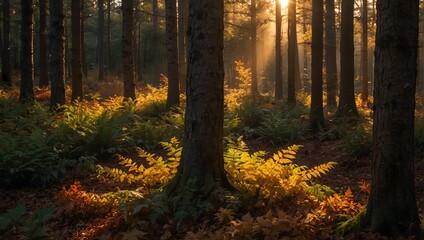 Obraz premium A forest during golden hour, where the setting sun casts a warm, golden glow over the multi-colored leaves ai_generative